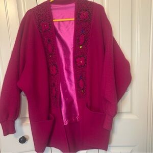 Vintage Wool Grandma Core Pink Embroidered Women's Cardigan Sweater